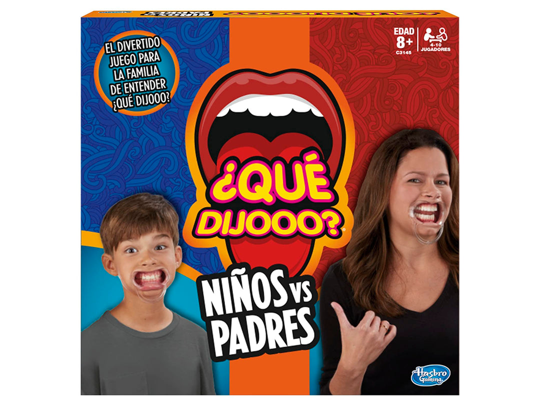 Caja del juego de mesa Hasbro Qué Dijo Niños vs Padres con imágenes de un niño y una mujer.