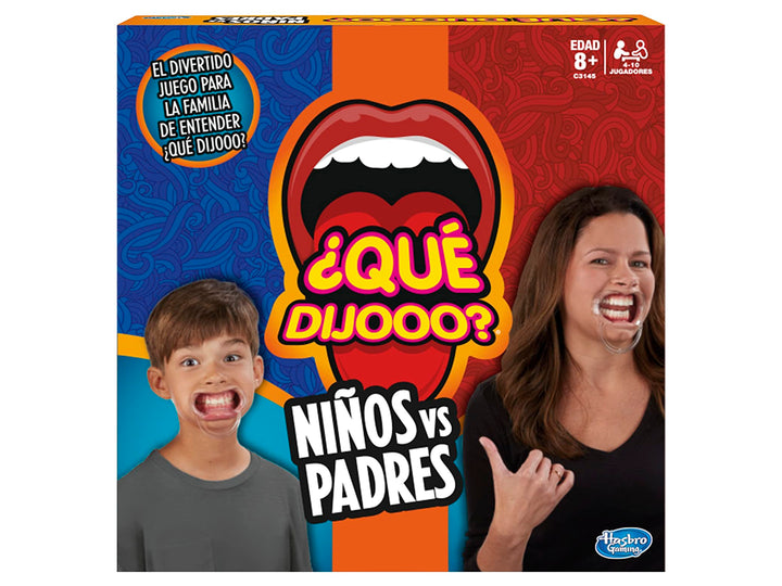 Caja del juego de mesa Hasbro Qué Dijo Niños vs Padres con imágenes de un niño y una mujer.