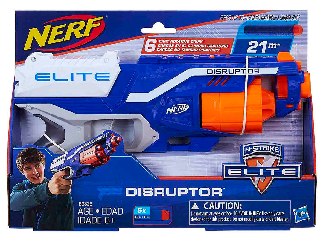 Lanzador de dardos Nerf Elite Disruptor en colores azul, blanco y naranja dentro de su empaque original.