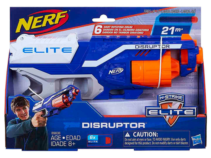 Lanzador de dardos Nerf Elite Disruptor en colores azul, blanco y naranja dentro de su empaque original.