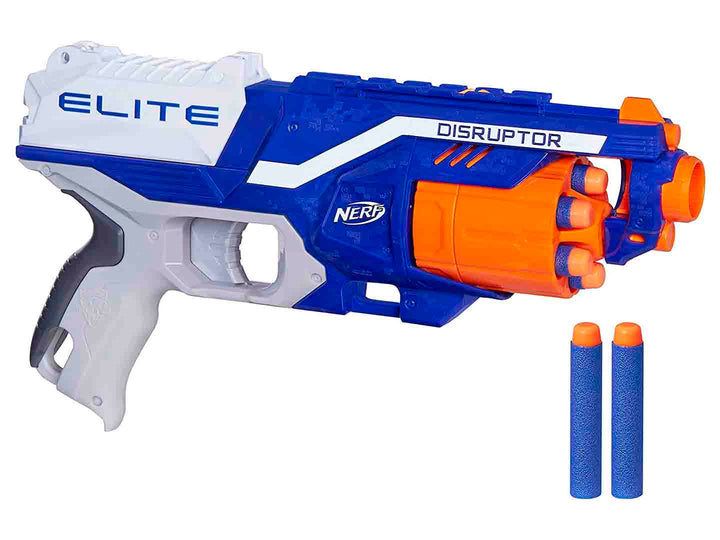 Lanzador de dardos Nerf Elite Disruptor en colores azul, blanco y naranja dentro de su empaque original.
