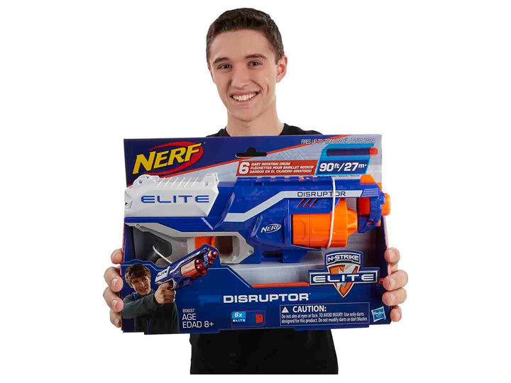 Lanzador de dardos Nerf Elite Disruptor en colores azul, blanco y naranja dentro de su empaque original.