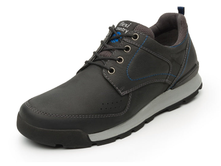 Botas Flexi Hercules Country para hombre en color negro con suela gris y detalles en azul.
