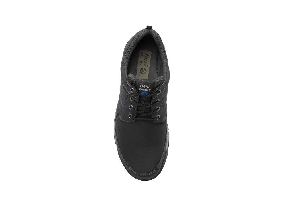 Botas Flexi Hercules Country para hombre en color negro con suela gris y detalles en azul.