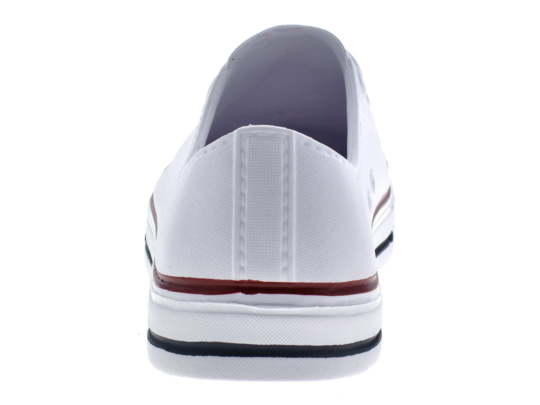 Par de tenis blancos para niños con franjas marrón y gris en la suela.