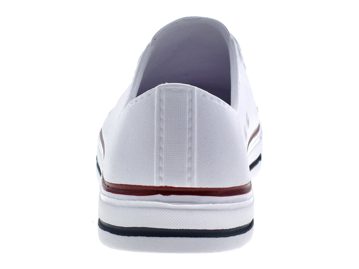 Par de tenis blancos para niños con franjas marrón y gris en la suela.
