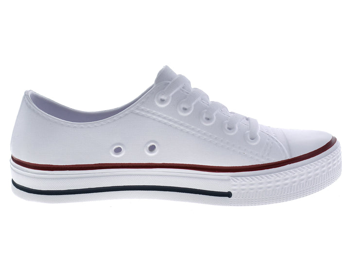 Par de tenis blancos para niños con franjas marrón y gris en la suela.