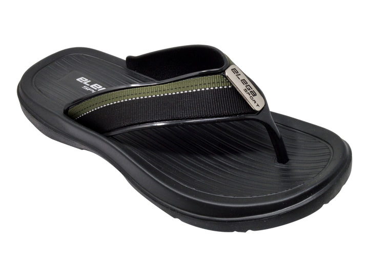 Sandalias deportivas ELEGA en color negro con detalles en verde y suela texturizada.
