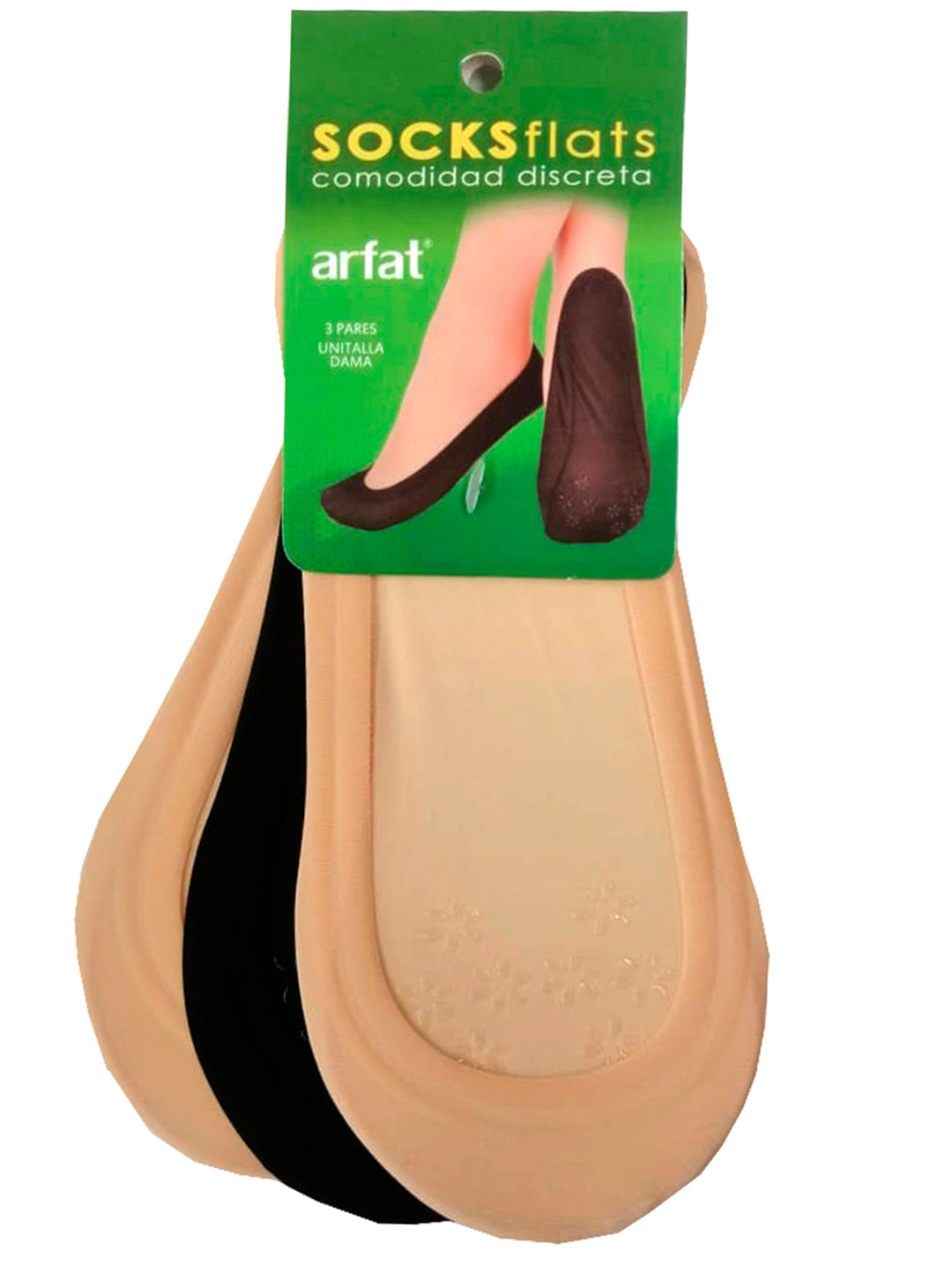 Paquete de calcetas invisibles para flats marca Arfat en colores beige y negro.