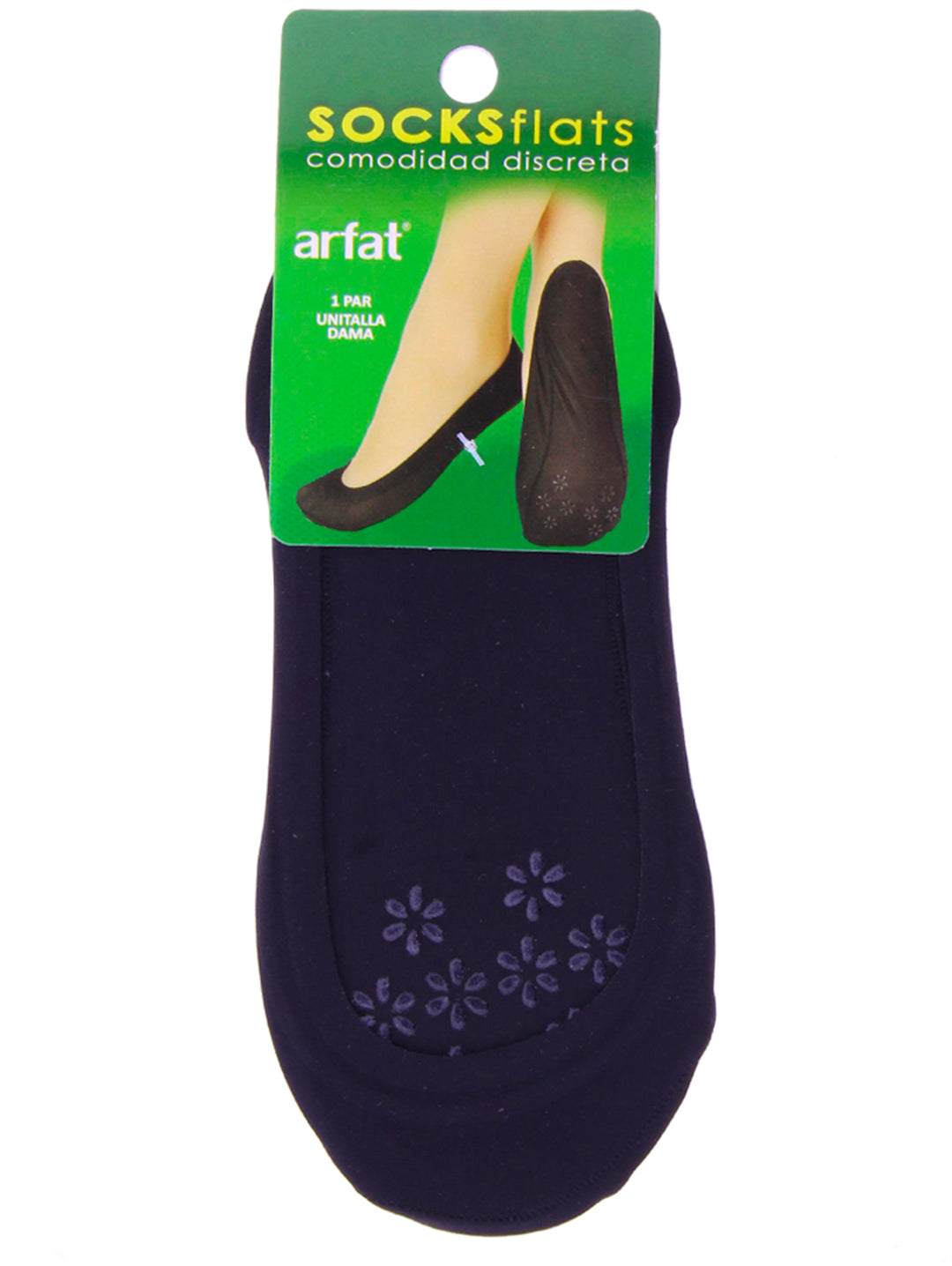 Calcetas negras de nylon para flats marca Arfat con detalles florales y empaque verde.