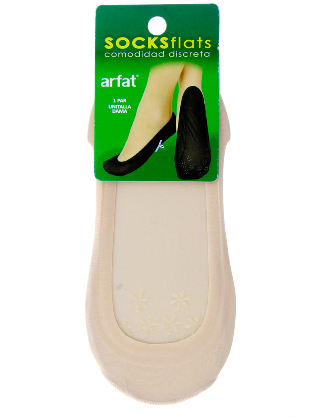 Par de calcetas color beige para zapatos flats marca Arfat con empaque verde.