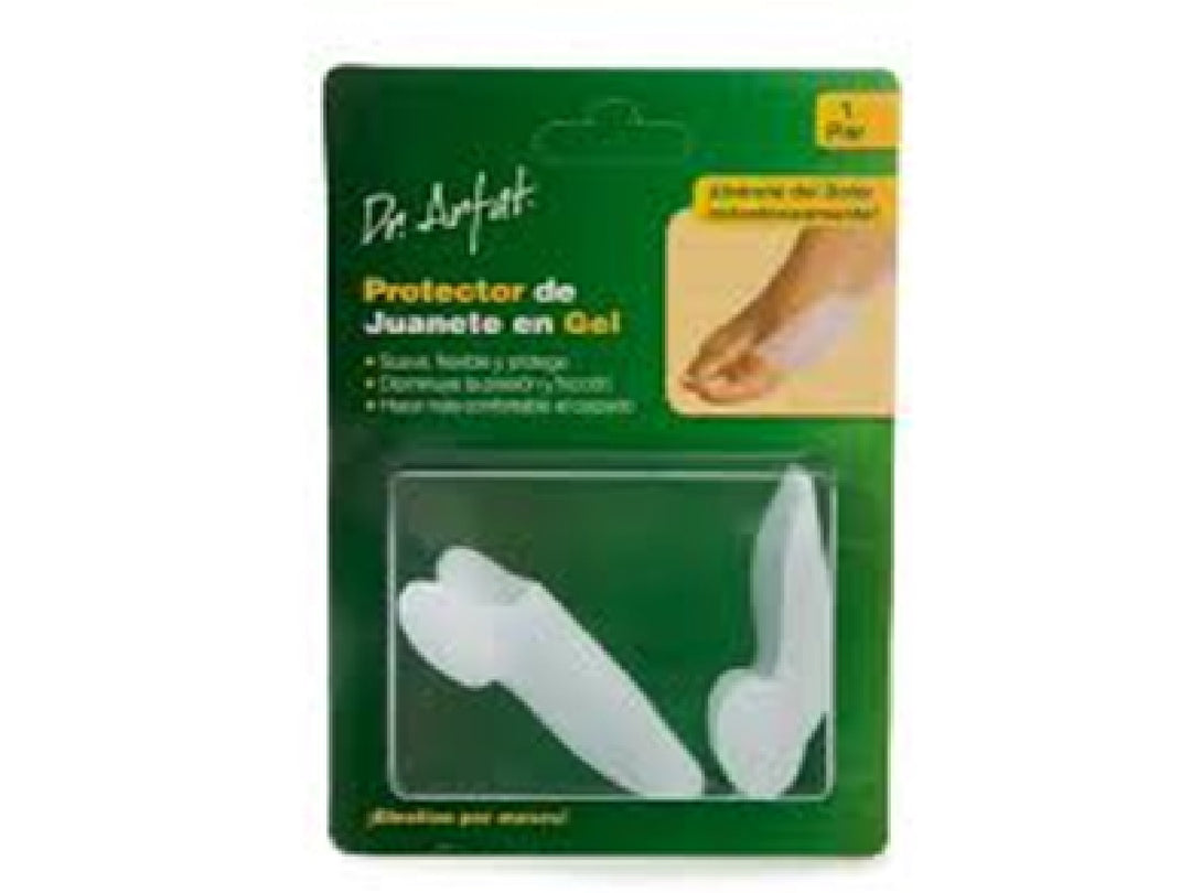 Par de protectores de gel blancos para juanetes en empaque verde de la marca Arfat.