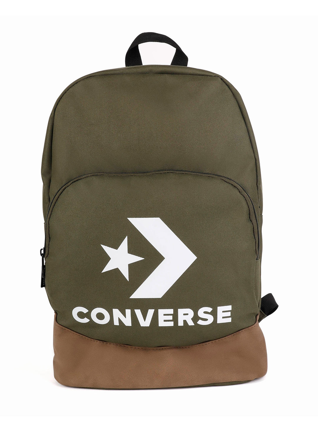 Mochila escolar Converse color olivo con base marrón y logotipo blanco en el frente.
