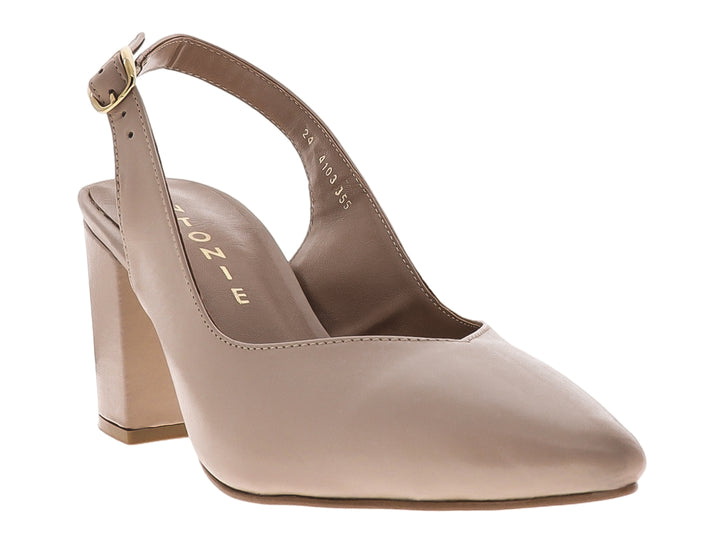 Zapato de tacón grueso color maquillaje con correa trasera y hebilla dorada para Mujer.