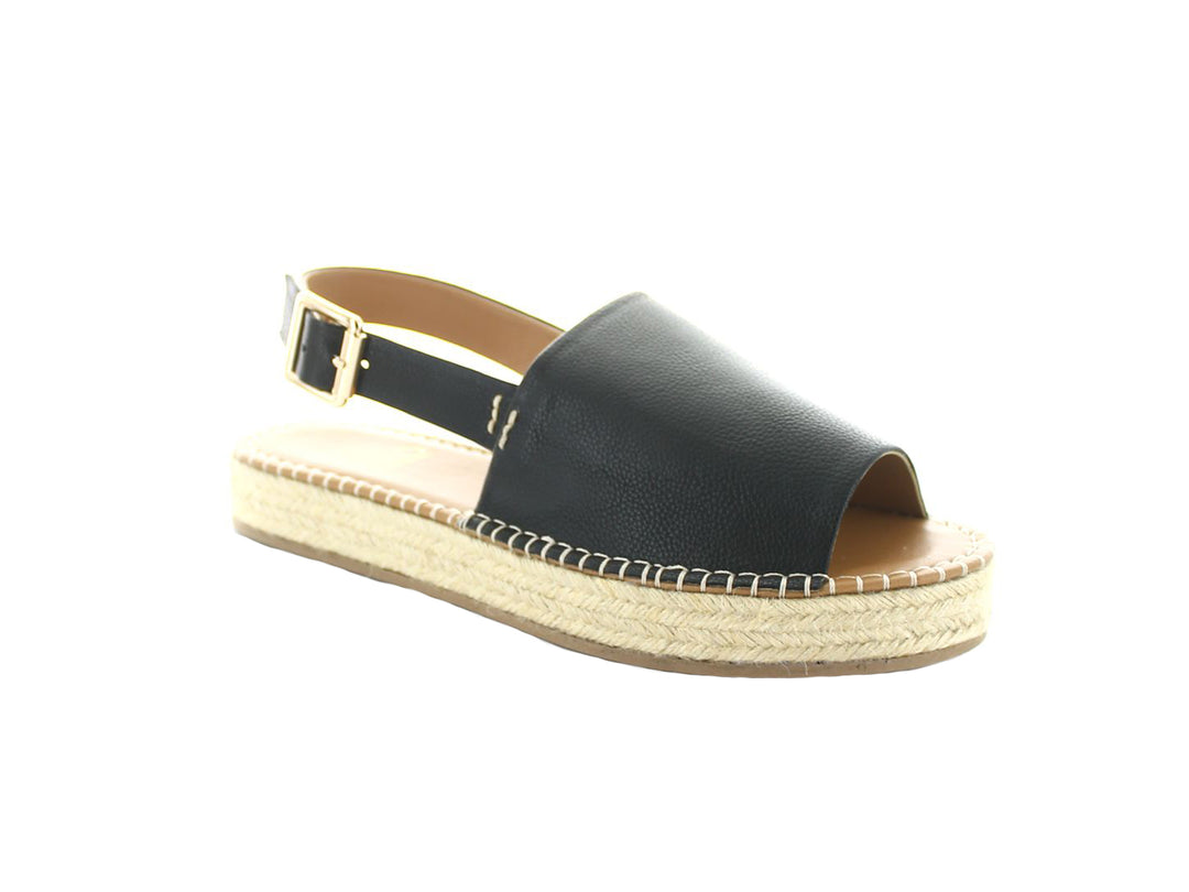 Sandalia negra de cuero con suela de plataforma tejida en color beige y correa ajustable.