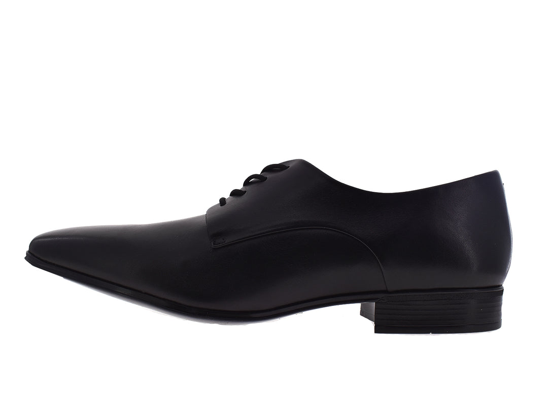 Par de zapatos formales negros de cuero con cordones para hombre sobre fondo blanco.