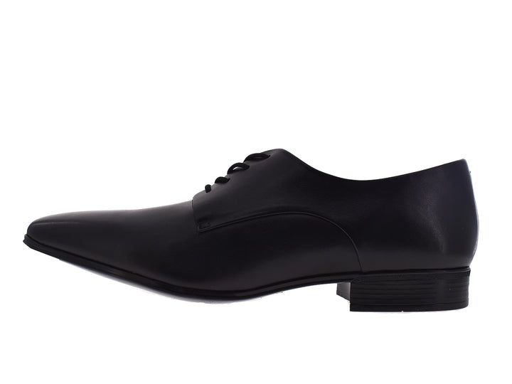 Par de zapatos formales negros de cuero con cordones para hombre sobre fondo blanco.