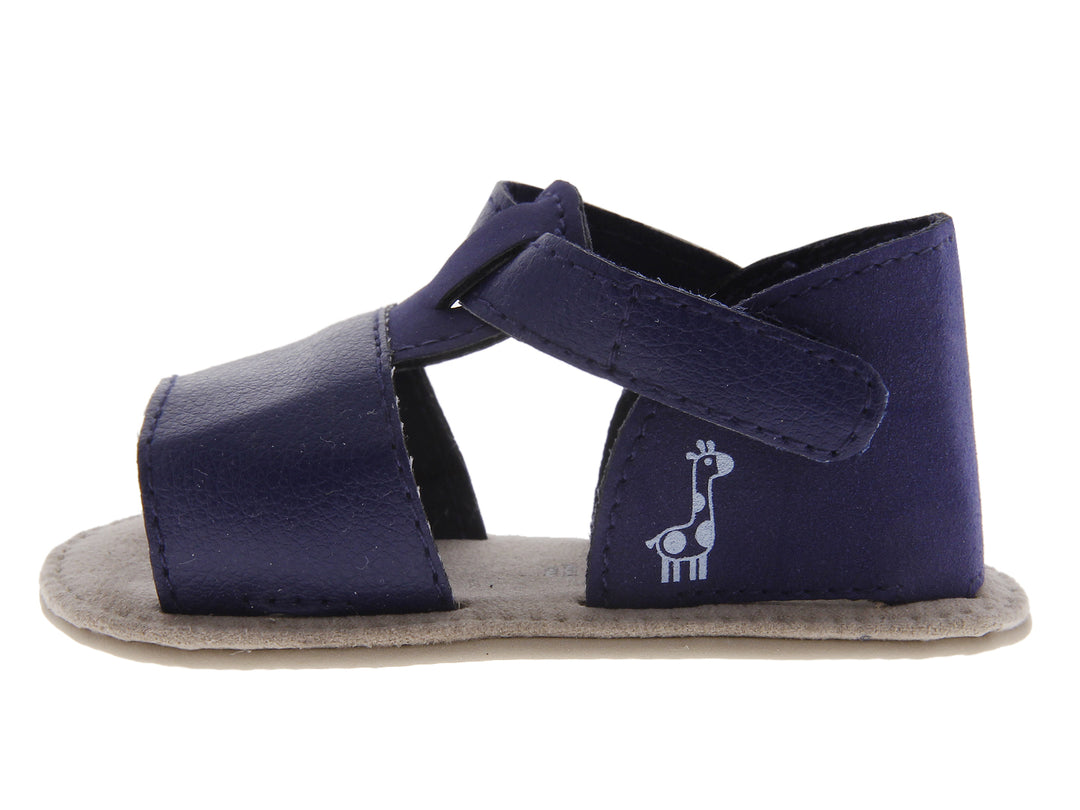 Sandalias para bebé color azul marino con suela gris y cierres ajustables.
