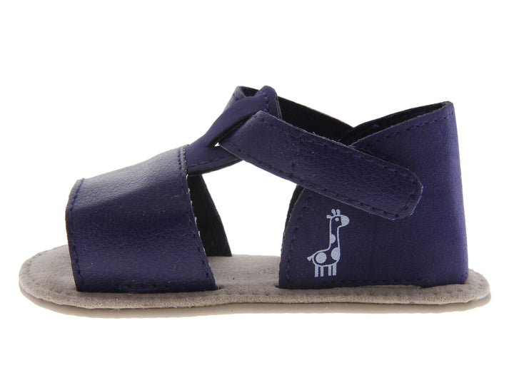 Sandalias para bebé color azul marino con suela gris y cierres ajustables.