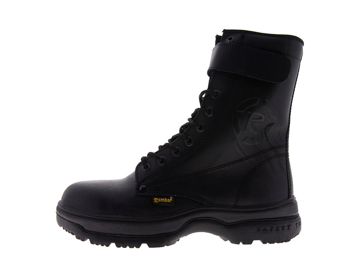 Botas negras de caña alta para hombre con cordones y correa en la parte superior.