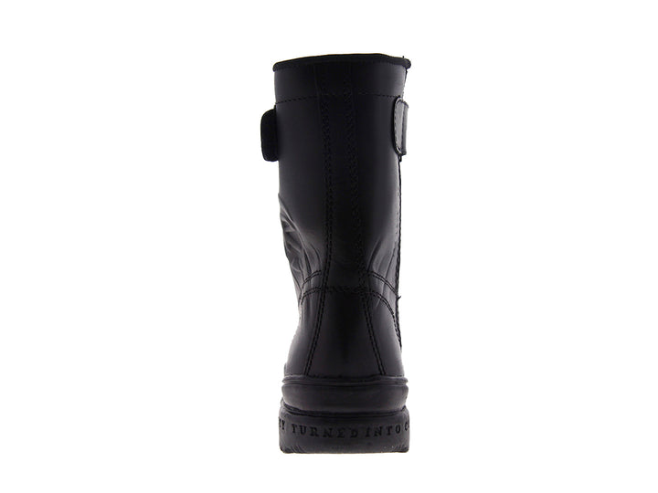 Botas negras de caña alta para hombre con cordones y correa en la parte superior.