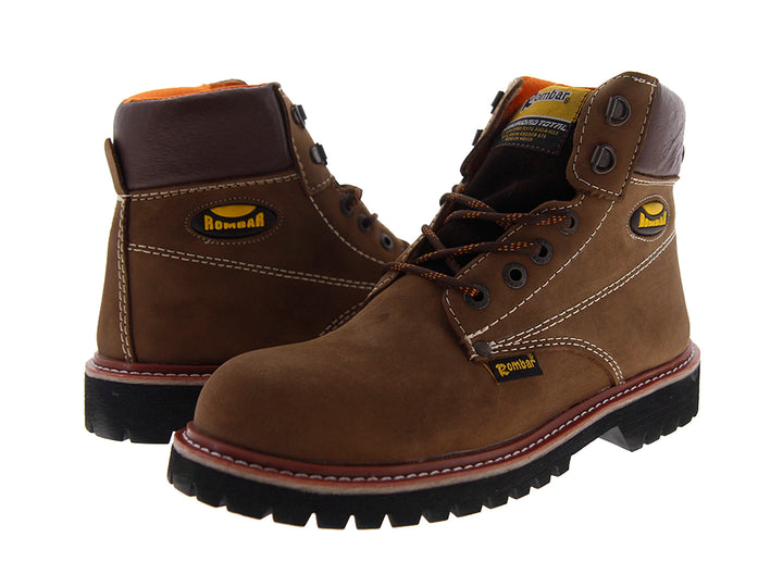 Par de botas de seguridad Rombar color oro con suela negra robusta y casquillo de acero.