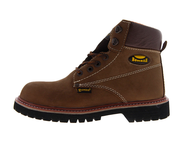 Par de botas de seguridad Rombar color oro con suela negra robusta y casquillo de acero.