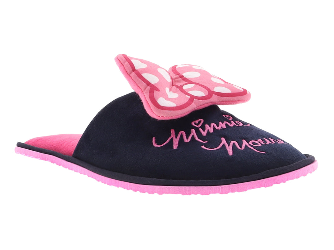 Pantuflas negras para mujer con moño rosa y suela rosa con diseño de Minnie Mouse.