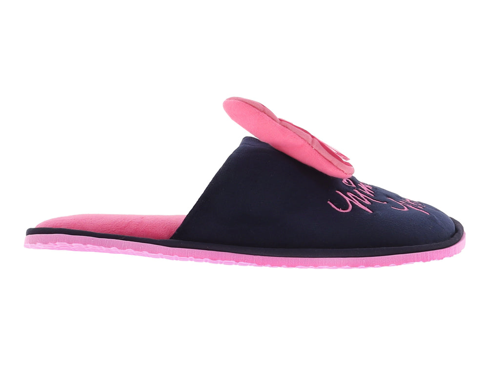 Pantuflas negras para mujer con moño rosa y suela rosa con diseño de Minnie Mouse.