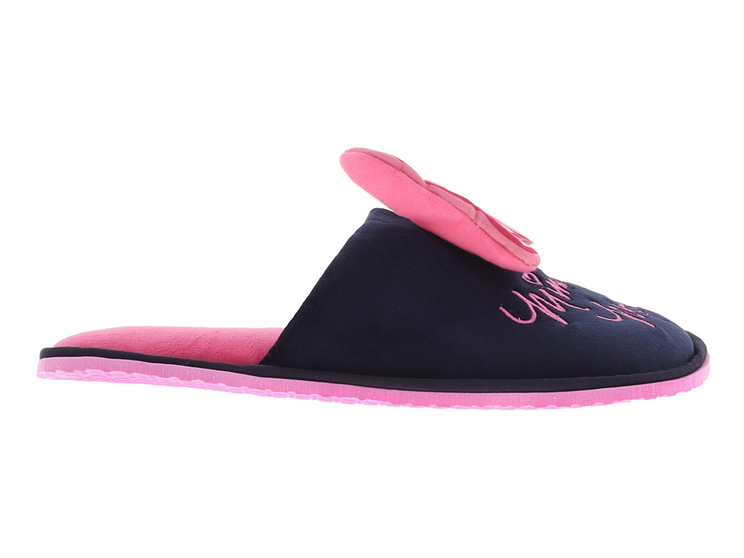 Pantuflas negras para mujer con moño rosa y suela rosa con diseño de Minnie Mouse.
