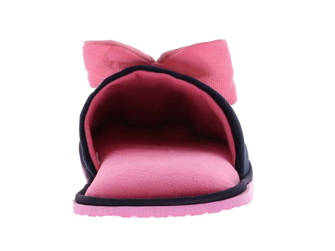 Pantuflas negras para mujer con moño rosa y suela rosa con diseño de Minnie Mouse.