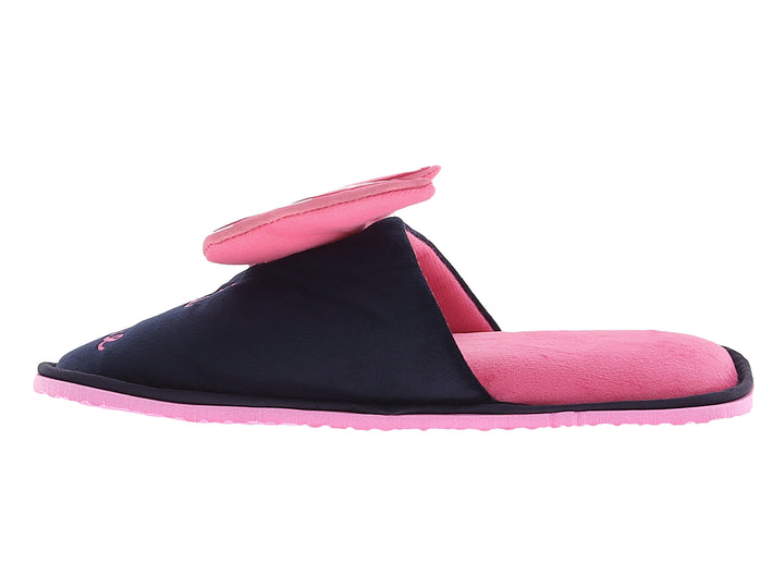 Pantuflas negras para mujer con moño rosa y suela rosa con diseño de Minnie Mouse.