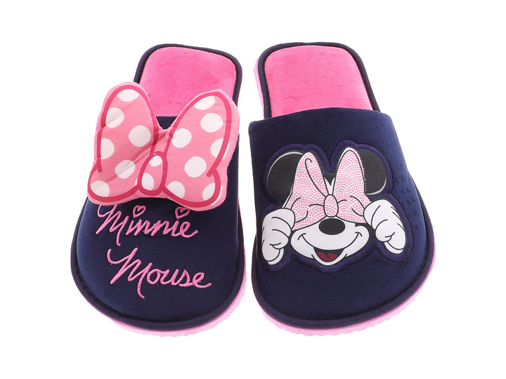 Pantuflas negras para mujer con moño rosa y suela rosa con diseño de Minnie Mouse.