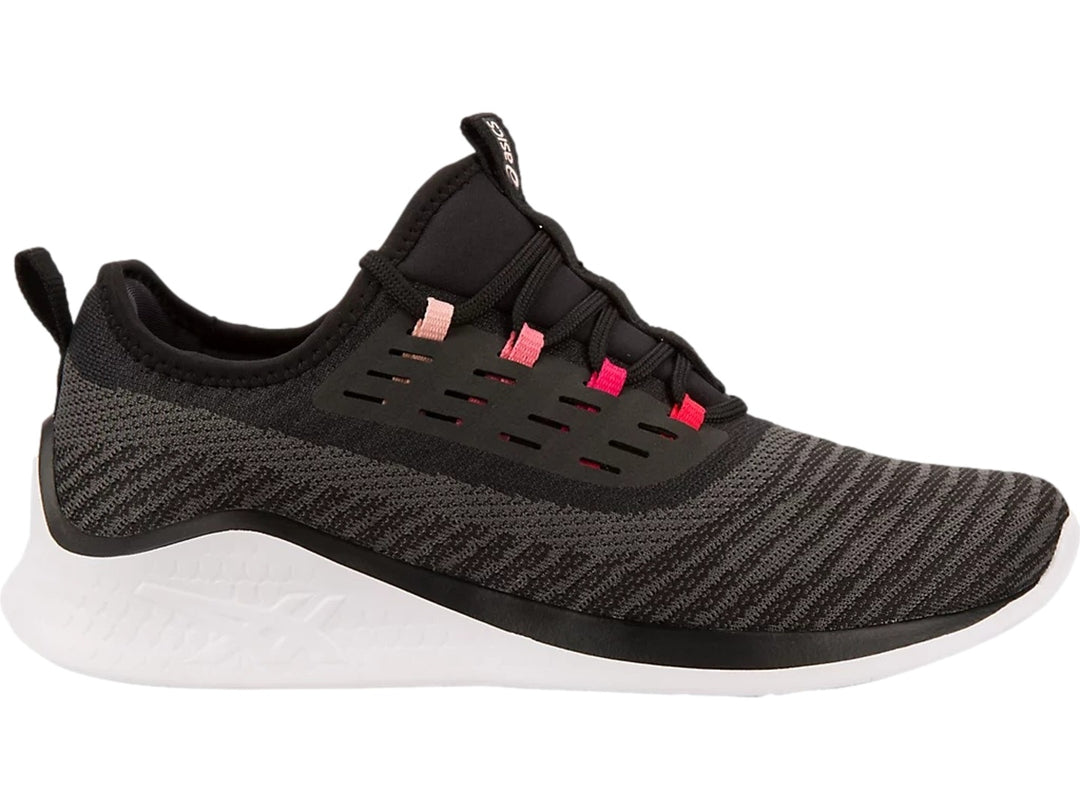 Tenis deportivos ASICS color negro con detalles en rosa y suela blanca.