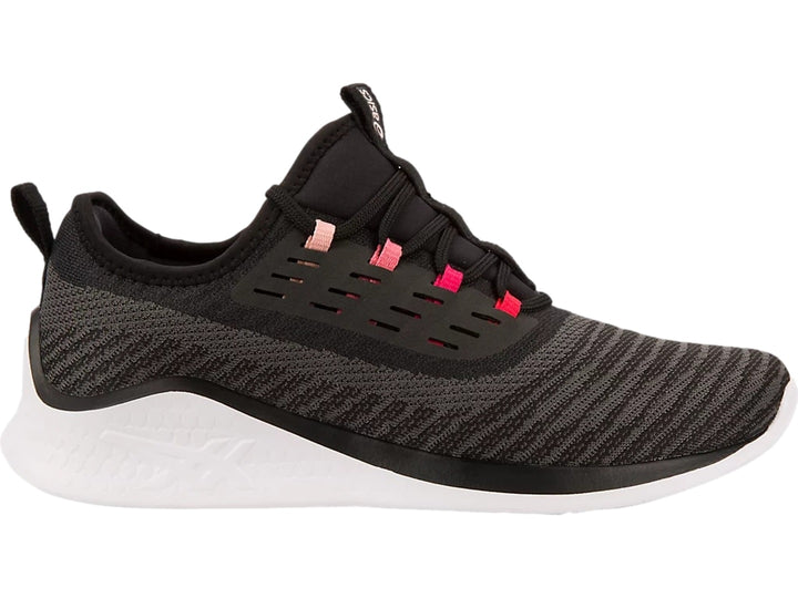 Tenis deportivos ASICS color negro con detalles en rosa y suela blanca.