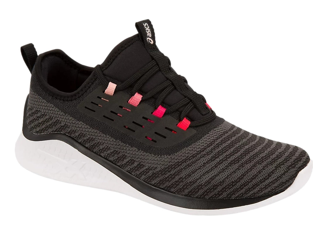 Tenis deportivos ASICS color negro con detalles en rosa y suela blanca.