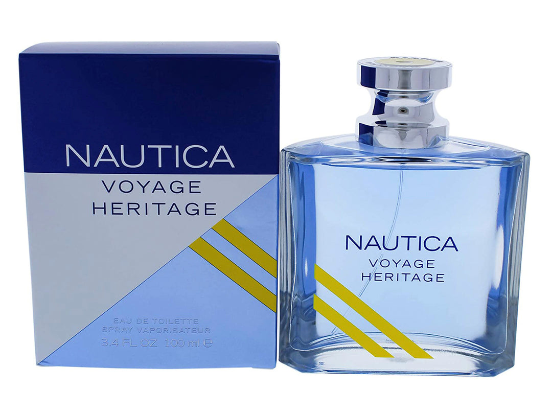 Botella de perfume Nautica Voyage Heritage azul con tapa plateada y su caja correspondiente.