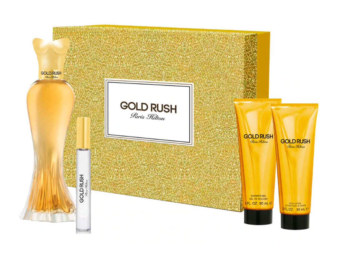 Set de fragancia Paris Hilton Gold Rush para mujer con perfume, loción, gel de ducha y caja dorada brillante.