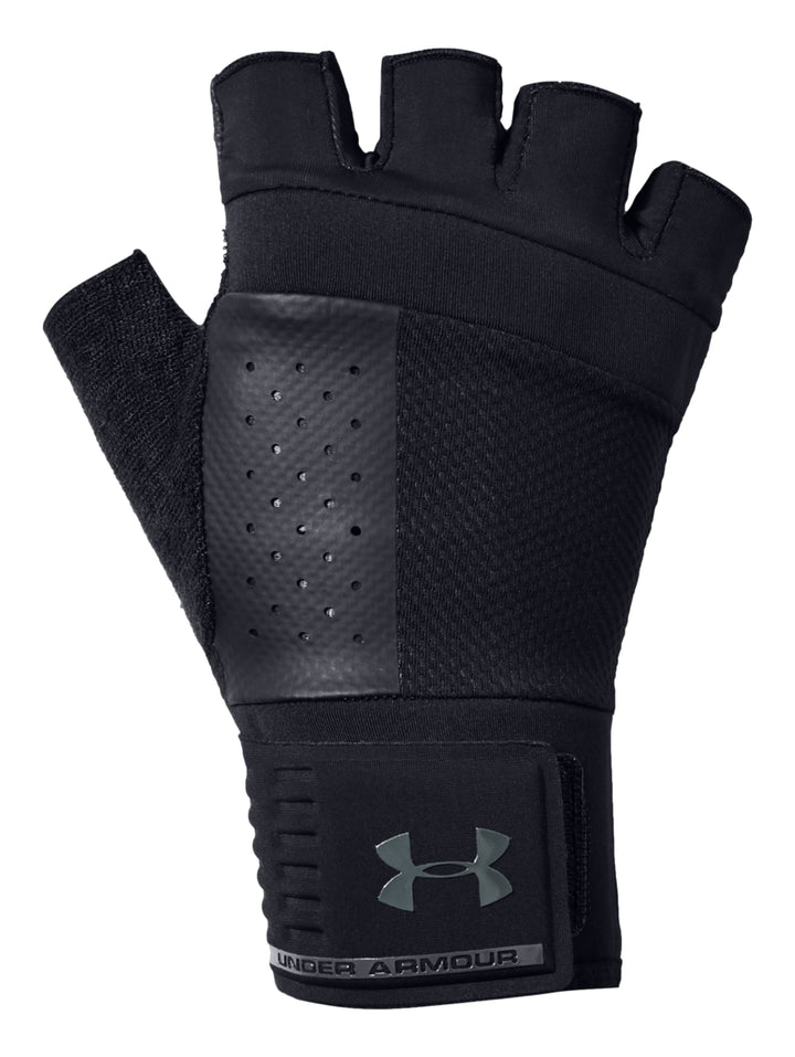 Guantes de levantamiento de pesas Under Armour color negro, sin dedos y con soporte para muñeca.