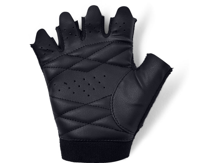 Guante de entrenamiento Under Armour color negro para mujer, diseño sin dedos con logo plateado y zona perforada.