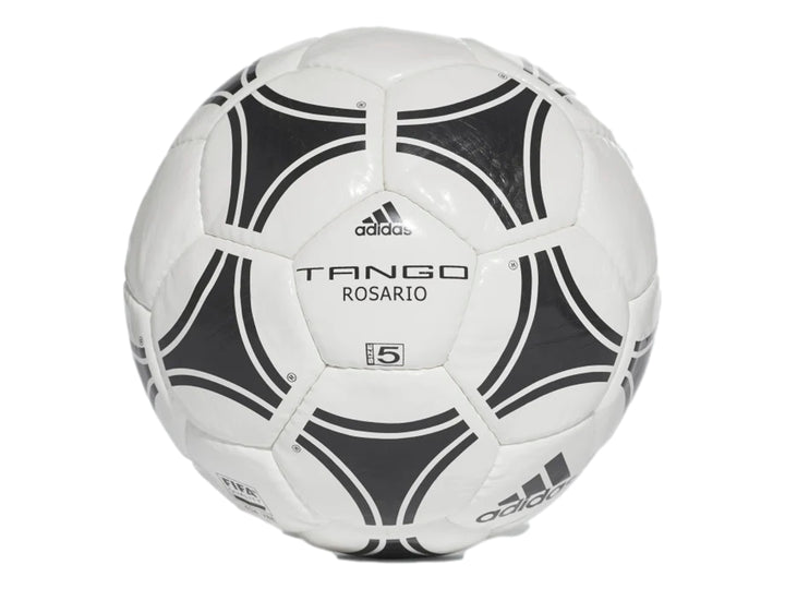 Balón de fútbol Adidas Tango Rosario en color blanco con patrones geométricos negros.
