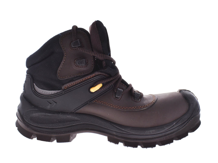 Botas de seguridad industriales color café con casquillo de poliamida y suela negra para hombre.