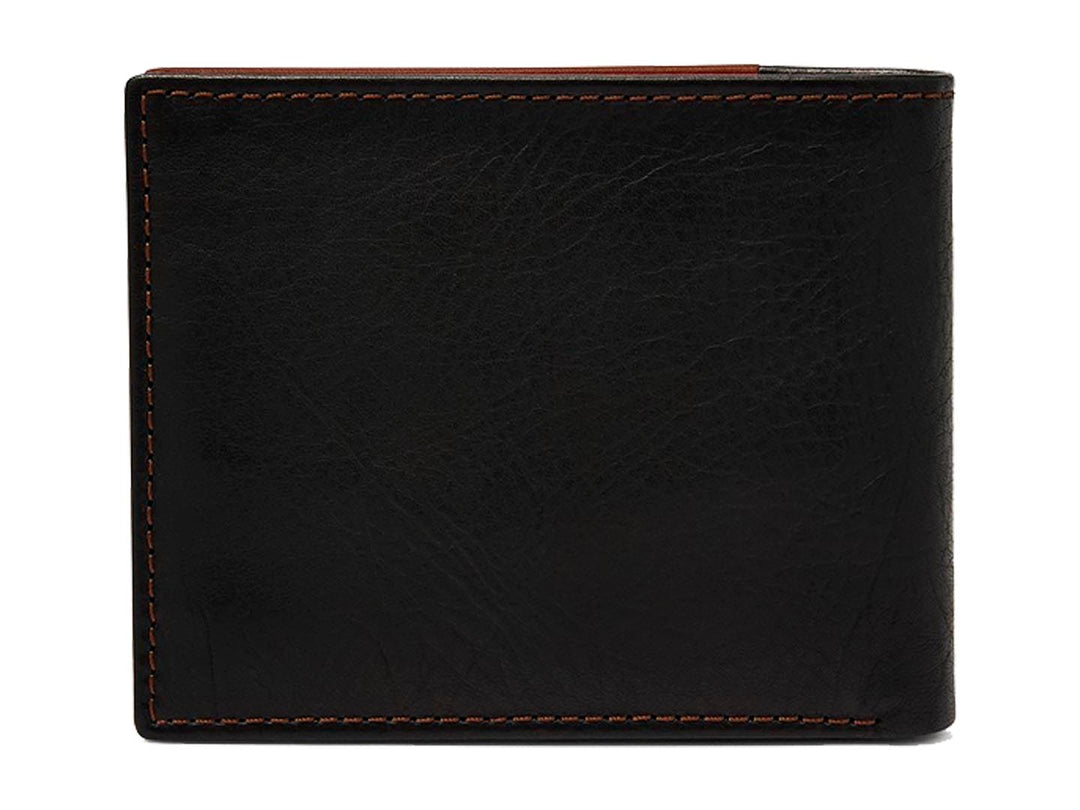 Cartera Fossil bicolor en cuero negro y café con diseño rectangular y logotipo grabado.