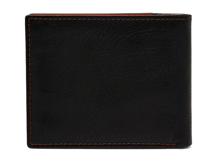 Cartera Fossil bicolor en cuero negro y café con diseño rectangular y logotipo grabado.