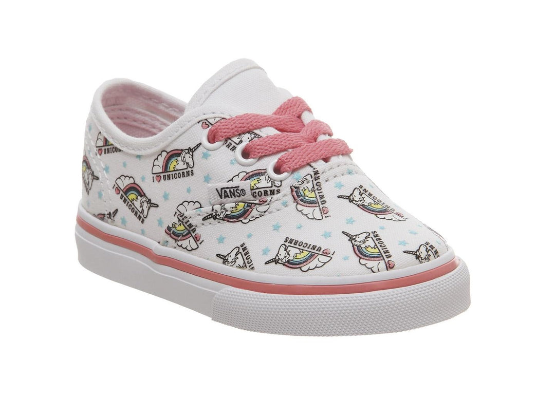 Tenis Vans Authentic blancos para niña con estampado de unicornios y agujetas rosa.