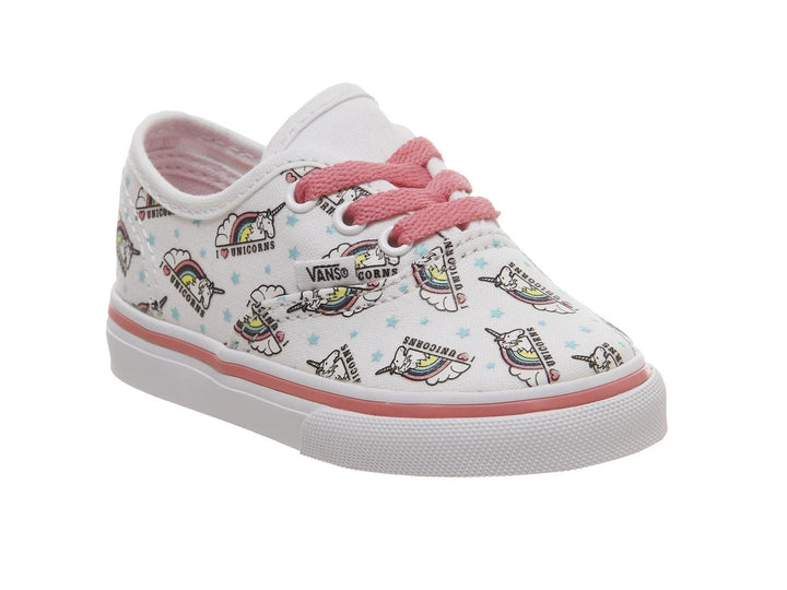 Tenis Vans Authentic blancos para niña con estampado de unicornios y agujetas rosa.