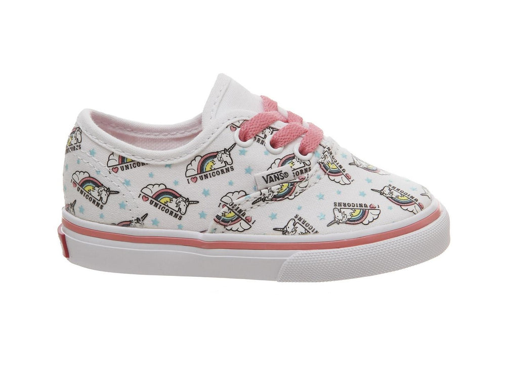 Tenis Vans Authentic blancos para niña con estampado de unicornios y agujetas rosa.