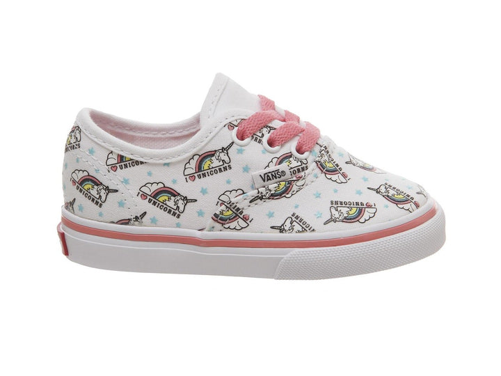 Tenis Vans Authentic blancos para niña con estampado de unicornios y agujetas rosa.