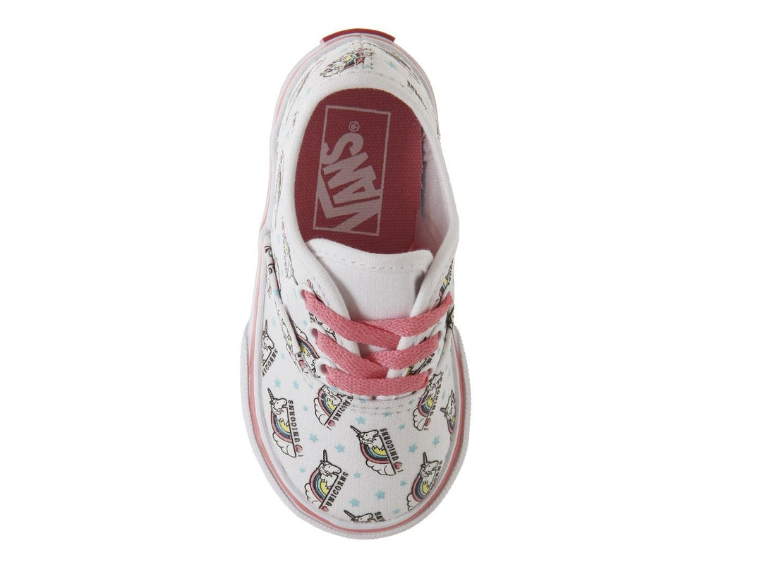 Tenis Vans Authentic blancos para niña con estampado de unicornios y agujetas rosa.