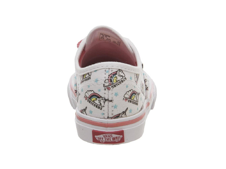 Tenis Vans Authentic blancos para niña con estampado de unicornios y agujetas rosa.